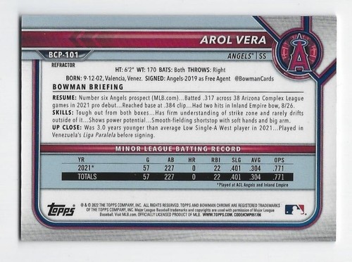 Bowman Chrome Prospects 2022 #BCP-101 Arol Vera refractor #'d 190/499 ~ Angels - Imagen 2 de 2