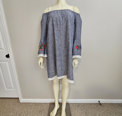 Beach Lunch Lounge Linen Dress Women L MachineWash Lined Off Shoulder  Embroidery | eBay