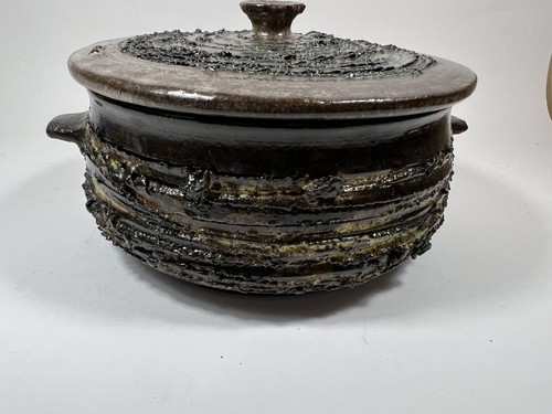 Vintage Iceland Glit Real Lava Ceramic Lidded Bowl Brutalist Green Brown - Picture 10 of 15