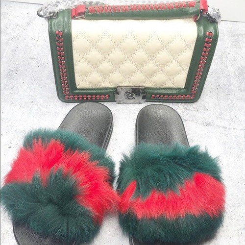 fur slides with matching purse