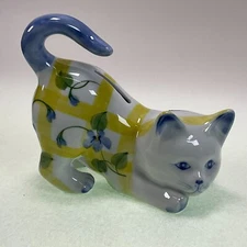 Andrea by Sadek Cat Bank - Pouncing Cat Kitten Yellow Checks Flowers - Japan