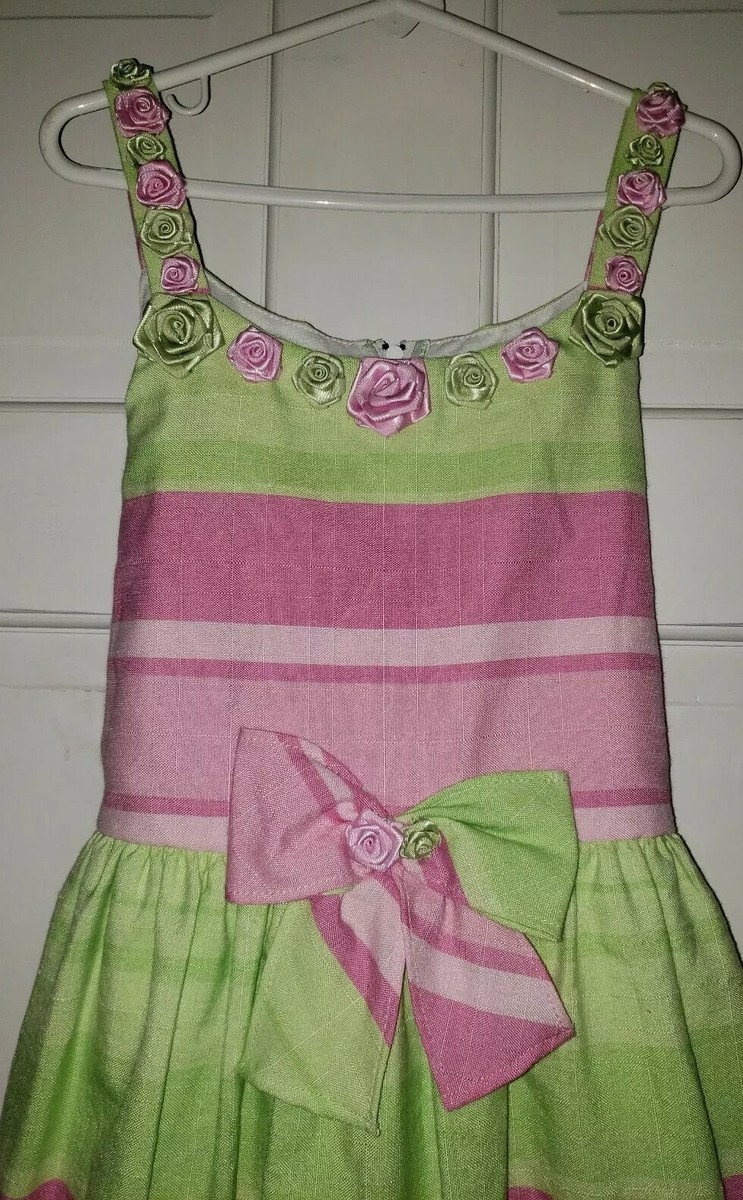 RARE EDITIONS pink Green Striped Linen Look Florette Bow Sundress Dress  girls 14 | eBay