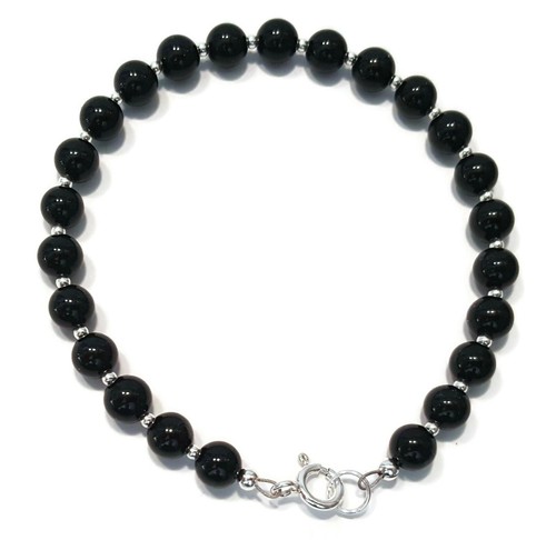 Black Onyx Bracelet in Sterling Silver, Natural Onyx Gemstone and Silver Beads - Picture 10 of 12