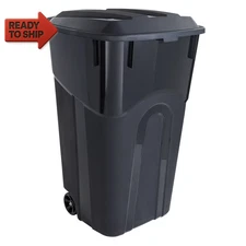 32 Gallon Wheeled Heavy Duty Plastic Garbage Can, Attached Lid, Bla