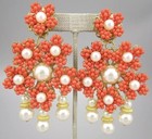 LAWRENCE VRBA HUGE CATWALK DANGLE EARRINGS FAUX CORAL PEARL GOLD PLATED ACCENTS — photo 2
