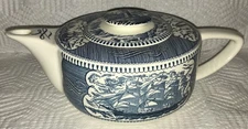Royal China Blue Currier and Ives Teapot Clipper Ship Lighthouse w/scroll