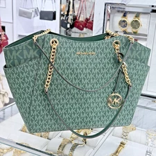 Michael Kors Jet Set Travel Large Chain Shoulder Tote MK Logo Bag Green Moss