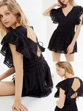 Urban Outfitters UO Cassie Embroidered Eyelet Tie-Back Romper Mini Dress Black 6