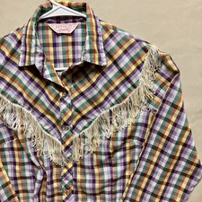 Vintage 70s H BAR C California RANCHWEAR Shirt Women 38 Plaid Fringe Pearl Snap