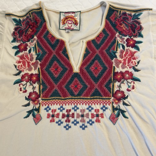Johnny Was Sz L Boxy Embroidered Boho Tunic Top Blouse Short Sleeves Grey - Picture 4 of 9