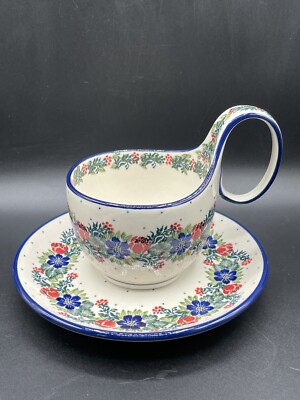 Polish Pottery Bowl with Loop Handle W/ Plate Ceramika Artystyczna Boleslaweic 2