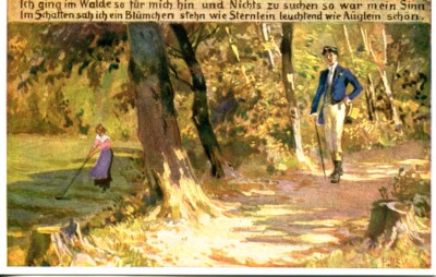ancient postcard, folk song cards by Paul Hey No. 62: ''I walked in the forest so für mich''