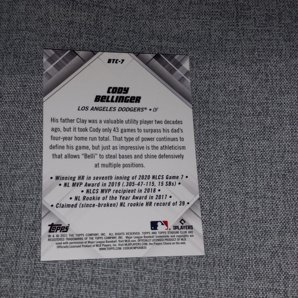 2021 Stadium Club Chrome Beam Team #BTC-7 Cody Bellinger