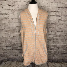 Splendid Orange Gray Striped Sleeveless Hooded Hoodie Zipper Top Large Pockets