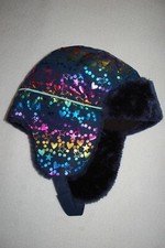 Toddler Girls NAVY BLUE TRAPPER HAT w/ RAINBOW HEARTS Faux Fur Trim WINTER Warm
