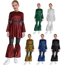 Kids Girls Disco Outfits Sequins Dance Clothes Metallic Flared Sparkle Dancewear