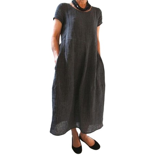 Women Sundress Short Sleeve Long Dress Ladies Bohemian Solid Color Holiday - Picture 9 of 27