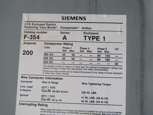 💥INTERRUPTOR DE SEGURIDAD SIEMENS 200 AMPERIOS RESISTENTE ASPI-BREAK NO FUSIONADO 3P 600 VAC F-354 - Imagen 12 de 12