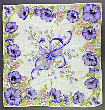 Vintage Handkerchief Purple Petunia Floral Bow Hankie 13"x13" Cotton Lawn