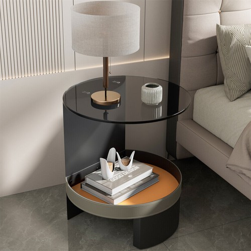 2-Tier Round Side Table for Living Room Sofa End Tables Saddle Leather Basket AU - Picture 2 of 18