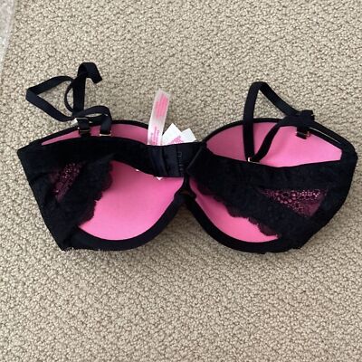 NEW Victoria s Secret PINK Date Plunge Push Up Multi-Way Black Lacy Bra 32C NWT