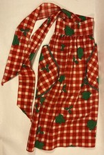 Vintage Red Gingham Half Apron-Green Rose Flower Pattern-Pockets-Farmhouse