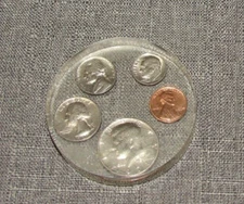 VTG PAPERWEIGHT Encased Coins:Mint half $, Quarter, Dime, Nickel, Cent '67-'71