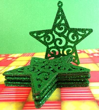 Set of 10 Green Glitter Star Shaped Christmas Ornaments Chic Glamour 4 Inch