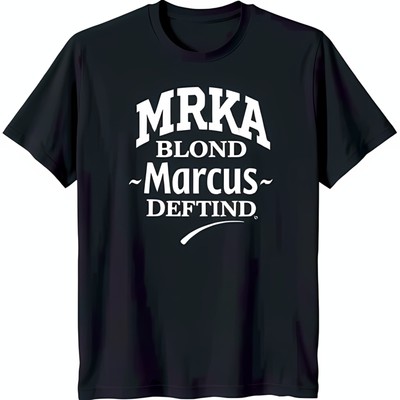 Stylish Black T-Shirt with Bold White Graphic: 'MRKA BLOND ~Marcus~ DEFTIND'