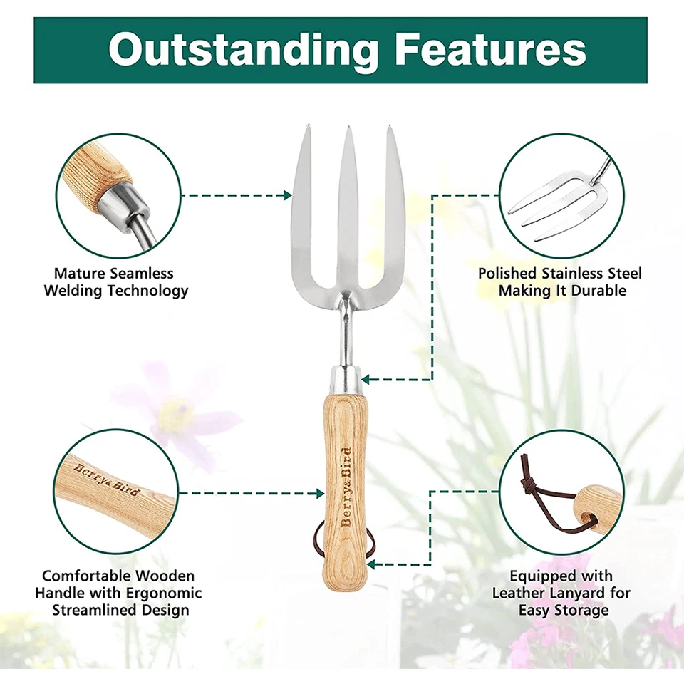 Berry&Bird Garden Hand Fork Stainless Steel Hand Weed Fork Traditional Fork Tool - Image 3 of 4
