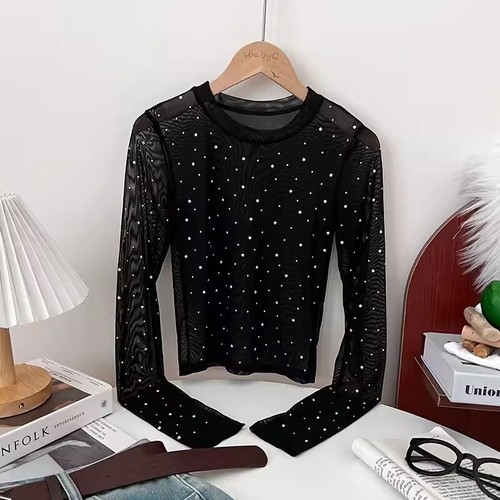 Lady Slim Sequin Mesh Top Sheer Shirt Long Sleeve See Through Cropped Tops Fit - Picture 6 of 12