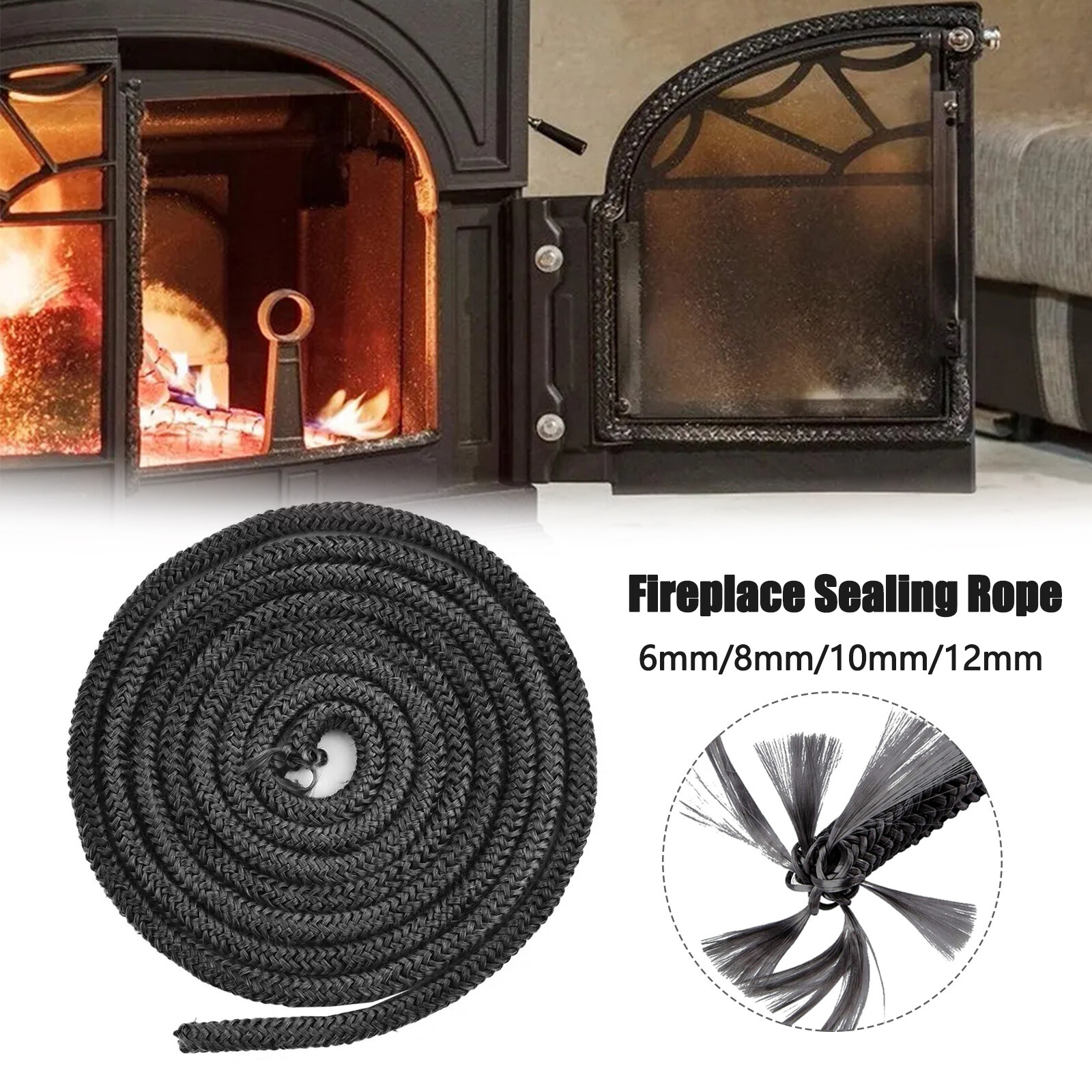 Black Stove Rope 6/8/10/12mm x 2M Length Wood Log Burner Fire Door Seal