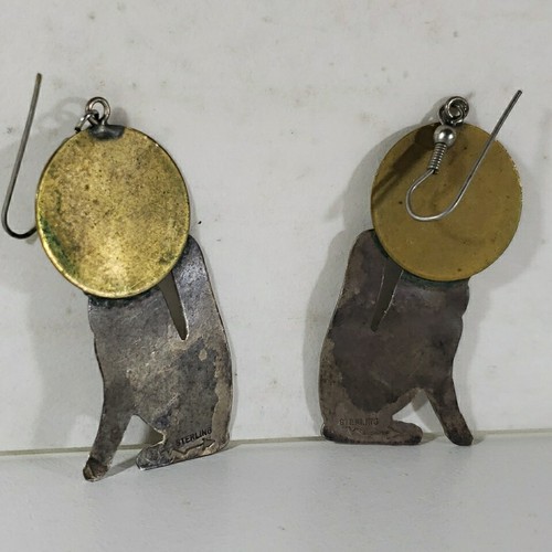 Howling Wolves Earrings Full Moon Sterling Silver Brass Southwest Stone 9.95g - Picture 2 of 5