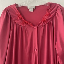 Vintage Shadowline Women 1X Raspberry Pink Embroidered Roses Robe Long Housecoat