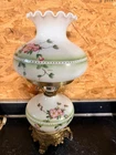 Vintage Isabella Hand Painted Floral Hurricane Table Lamp Milk Glass