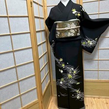 7816 Japanese Kimono Vintage Womens Silk Fabric Robe Kimono only sold Black