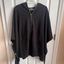Dennis Basso Missy Hooded Cape Poncho Zip Front Black Textured Outerwear
