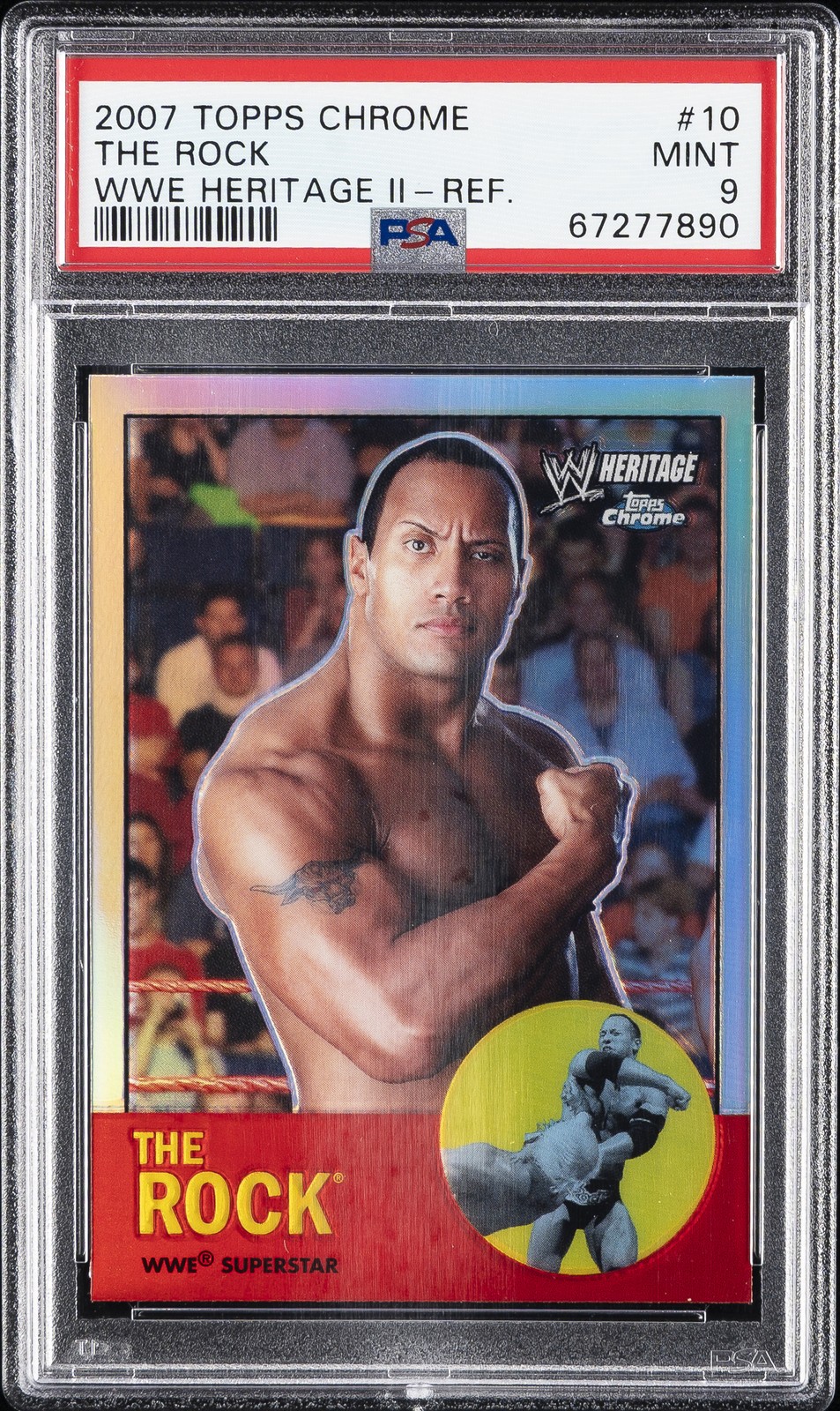 2007 TOPPS CHROME WWE HERITAGE II REFRACTOR #10 THE ROCK PSA 9