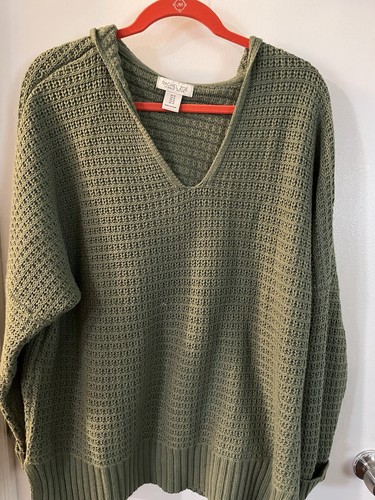 Rachel Zoe Women’s Size 1X Sweater Hoodie V-Neck Chunky Knit Olive Green - Picture 1 of 4