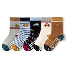 5 Pairs Kids Non Slip Socks Boys Cartoon Car Bus Excavator Baby Grip Socks