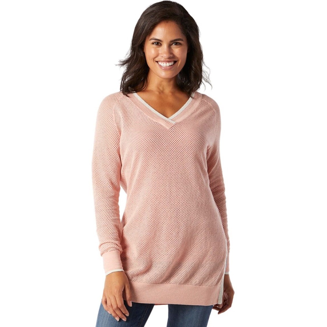 Smartwool Everyday Exploration Tunic V Neck Mesh Pink/Grey Knit Sweater M