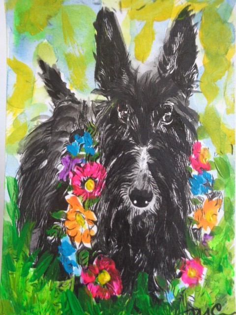 ATC  ACEO  Cute BLACK  SCOTTIE SCOTTISH TERRIER DOG  Painting  PET ART