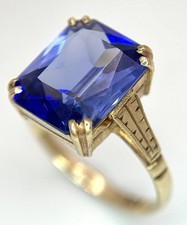 Antique Art Deco Ring Gold Blue Emerald Cut Stone M US 6.5 Vintage Gift 9ct Box
