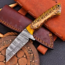 Custom Hand Made Forged Damascus Steel Hunting Tanto Knife PineCone Resin HH 224