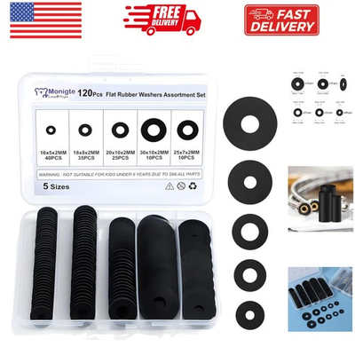 #ad 120Pcs Flat Rubber Washers Assortment Kit16 18 20 25 30mm Black WasherVibra... $11.99