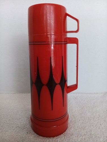Aladdin Vintage Red & Black Plastic Thermos with Black Pattern Vacuum Bottle USA