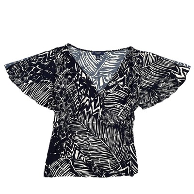 Chaps Faux Wrap Women  L Black & White Abstract Print Poly Blend Stretch Blouse