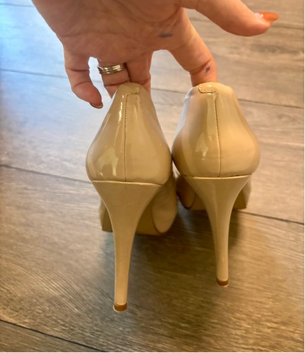 Nine West Nude Patent Leather Peep Toe Platform Heels Size 9M w/ Box - Picture 6 of 10