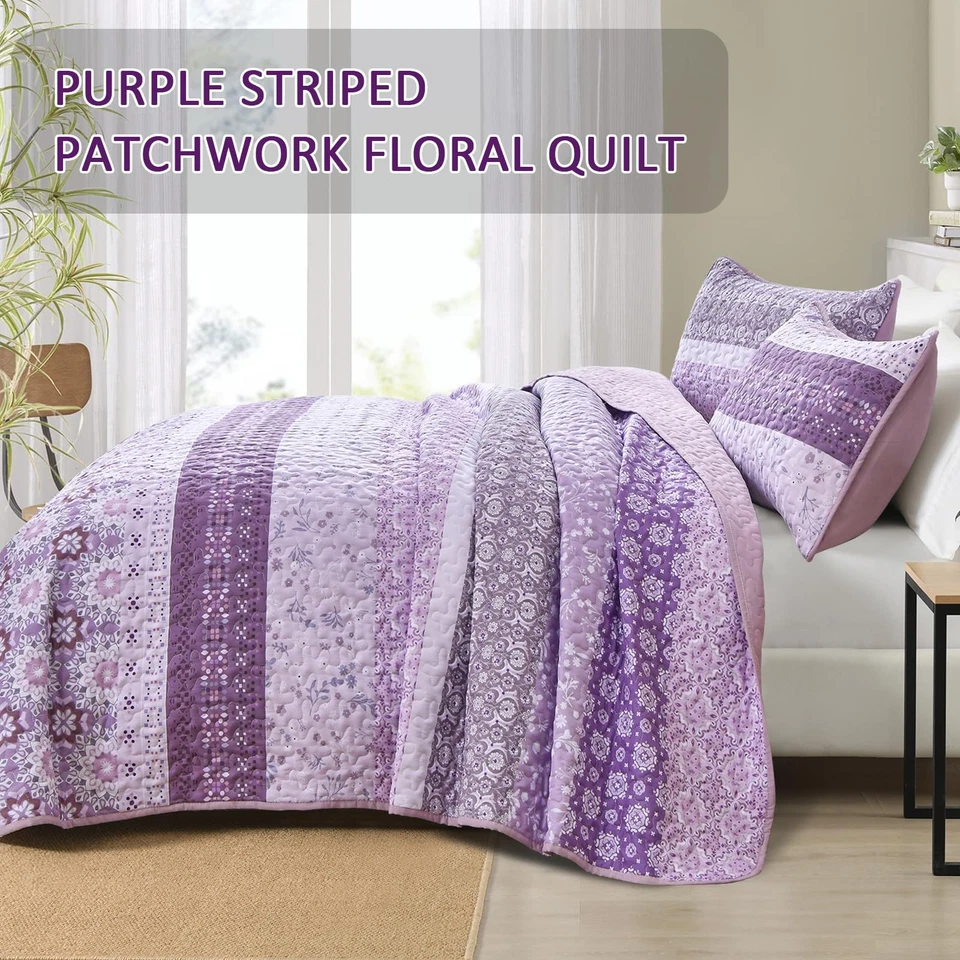 Boho Quilt Set King,Purple Bohemian Striped Patchwork Bedspread Coverlet Set ... - Image 4 of 4