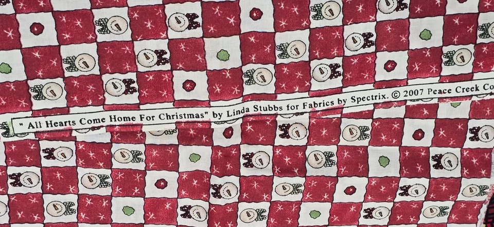 Cotton Fabric 35"x44" 2007 Linda Stubbs Snowman Patchwork All Hearts Christmas - Image 3 of 4